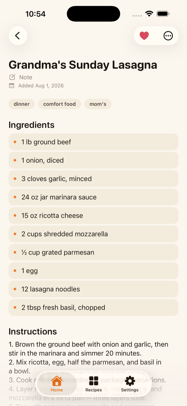 Recipe detail screen for Grandma's Sunday Lasagna with ingredients and instructions